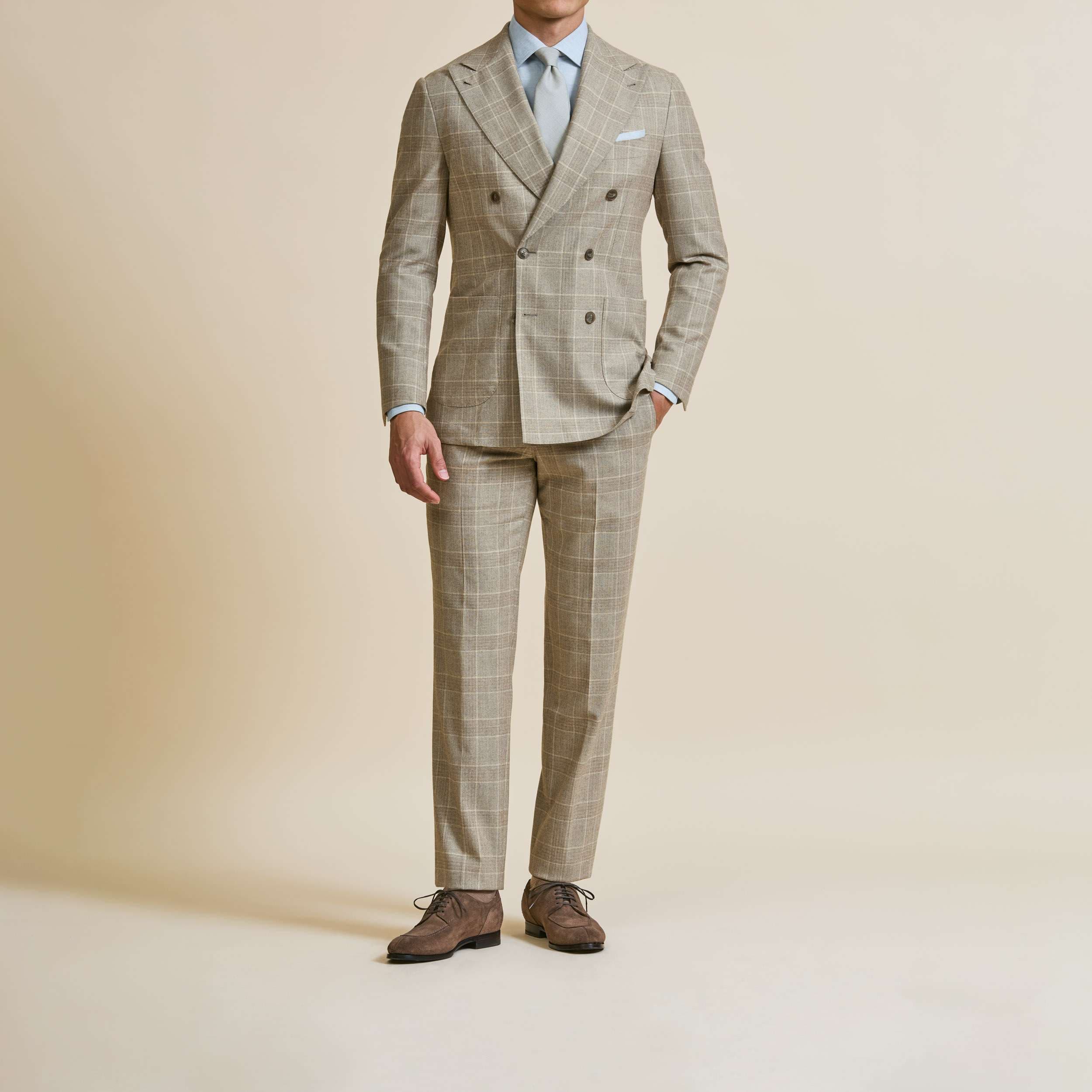 Tan Double-Breasted Windowpane Check with Shirt & Tie — image 1