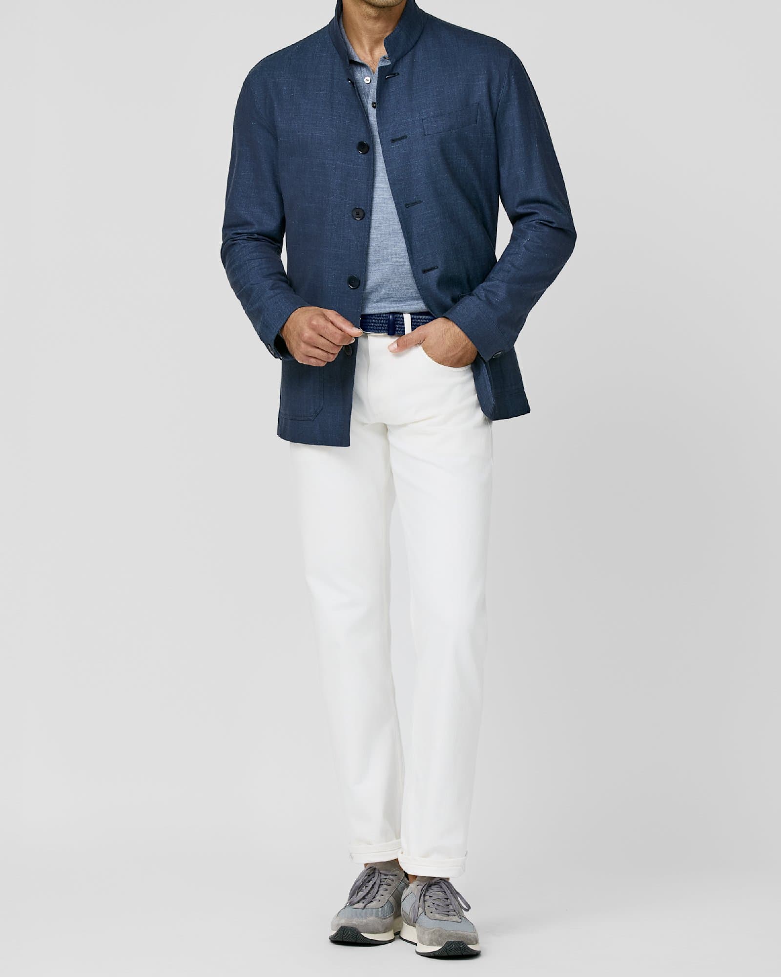 Navy Band Collar Linen Jacket with White Jeans — image 1
