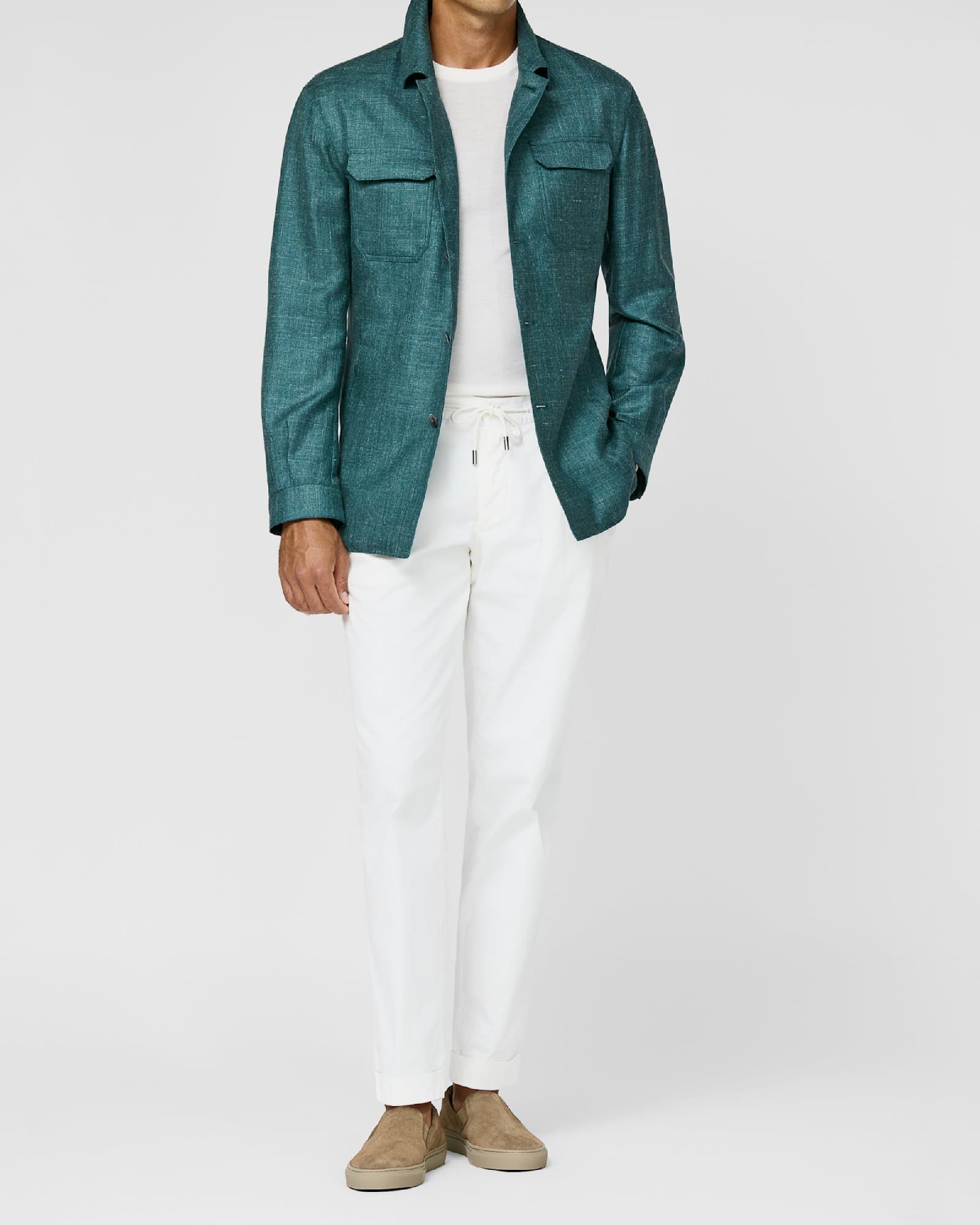 Teal Linen Overshirt with White Drawstring Trousers — image 1