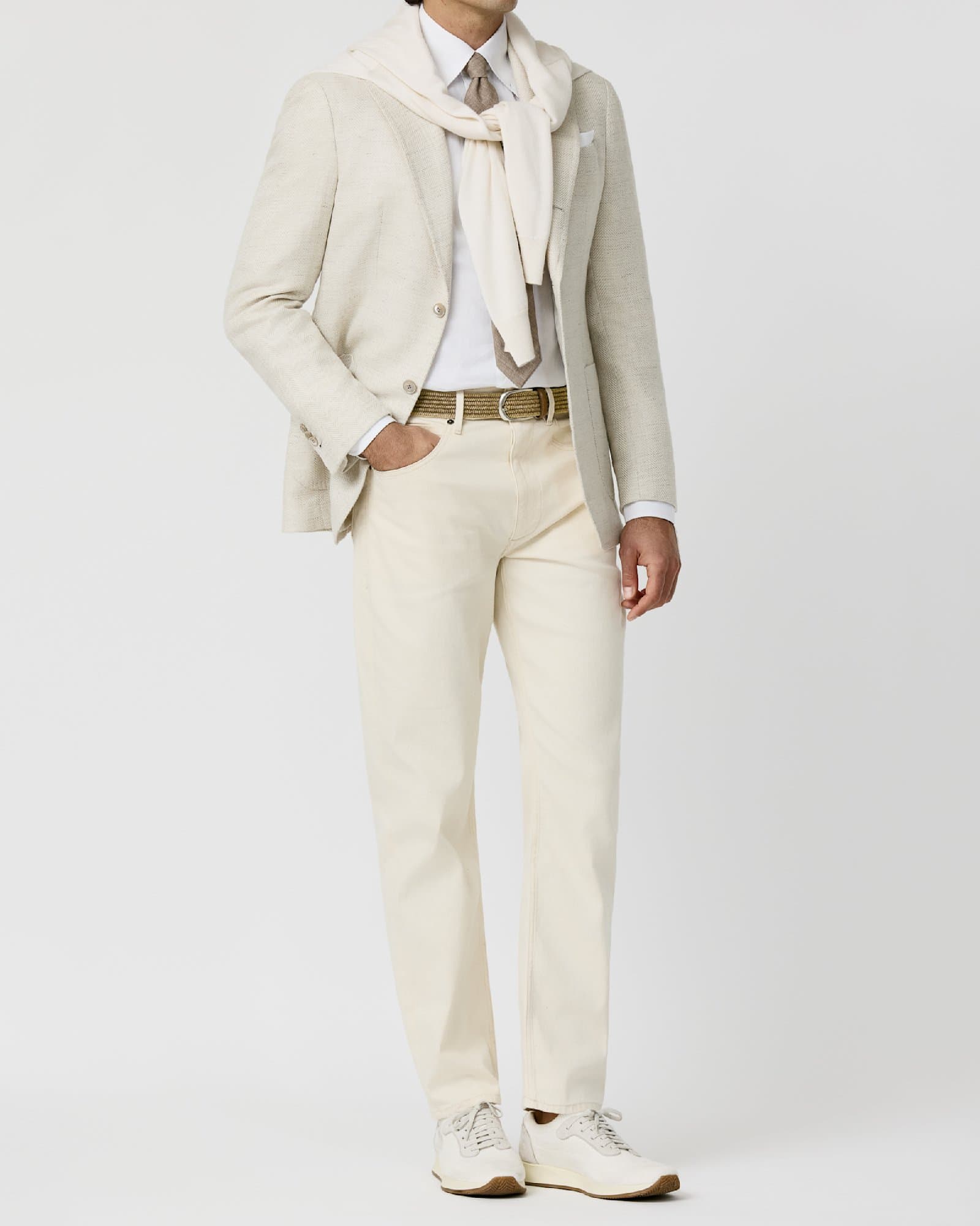 Cream Knit Blazer with Draped Scarf — image 1
