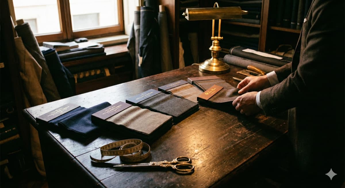 Premium fabric swatches from world-renowned mills on a tailor's wooden table