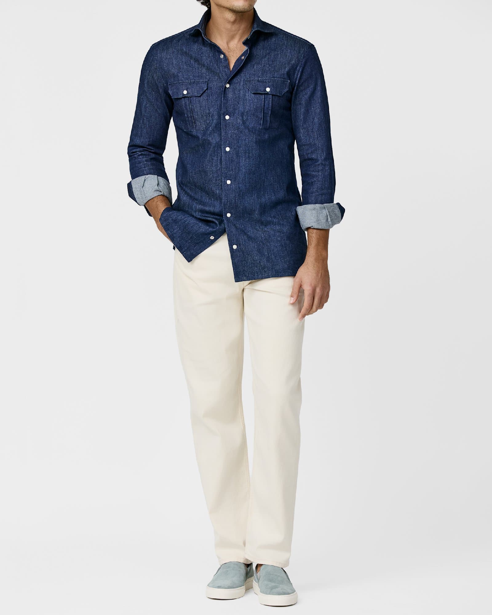 Dark Denim Western Shirt with Cream Trousers — image 1