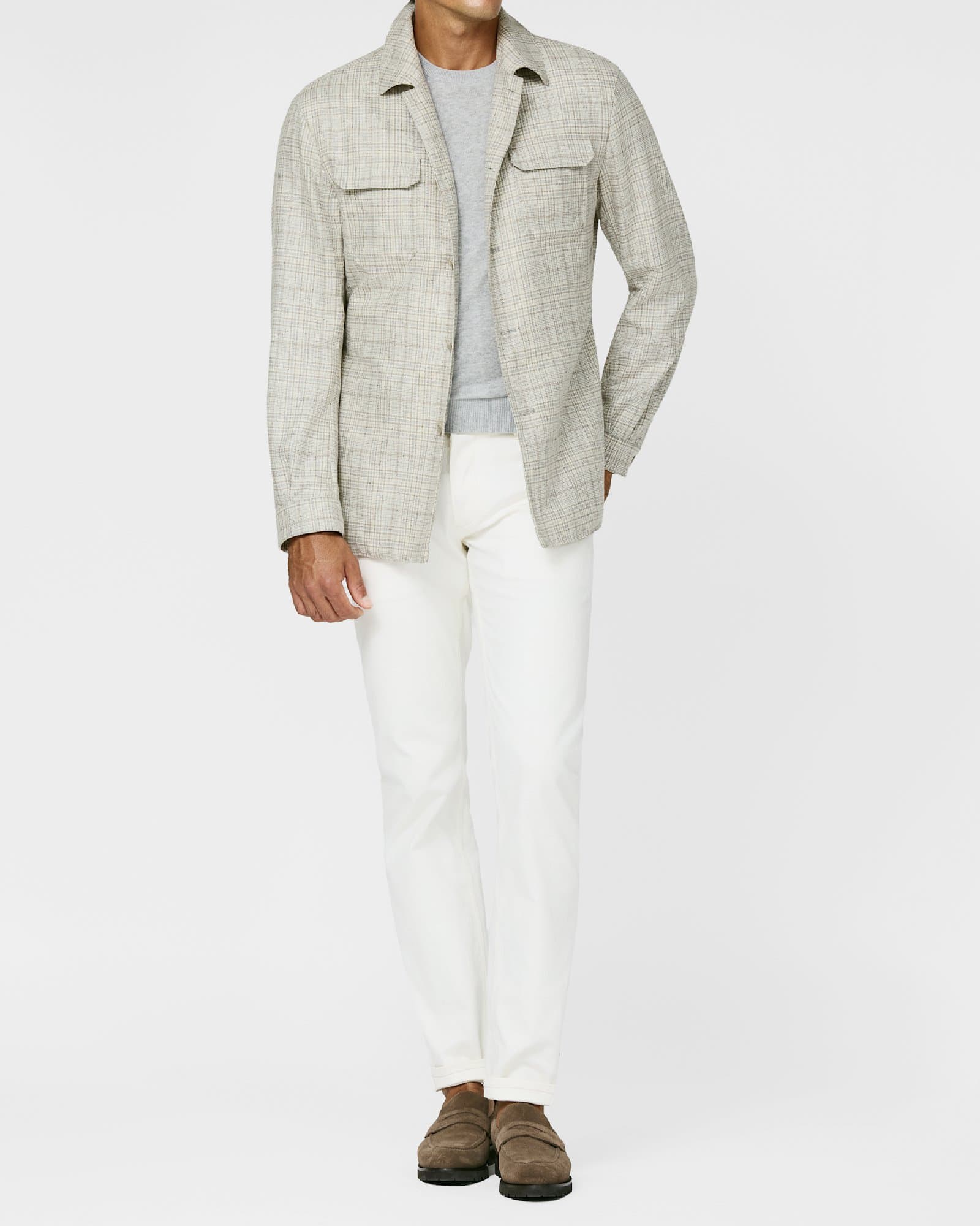 Stone Glen Check Overshirt with White Jeans — image 1