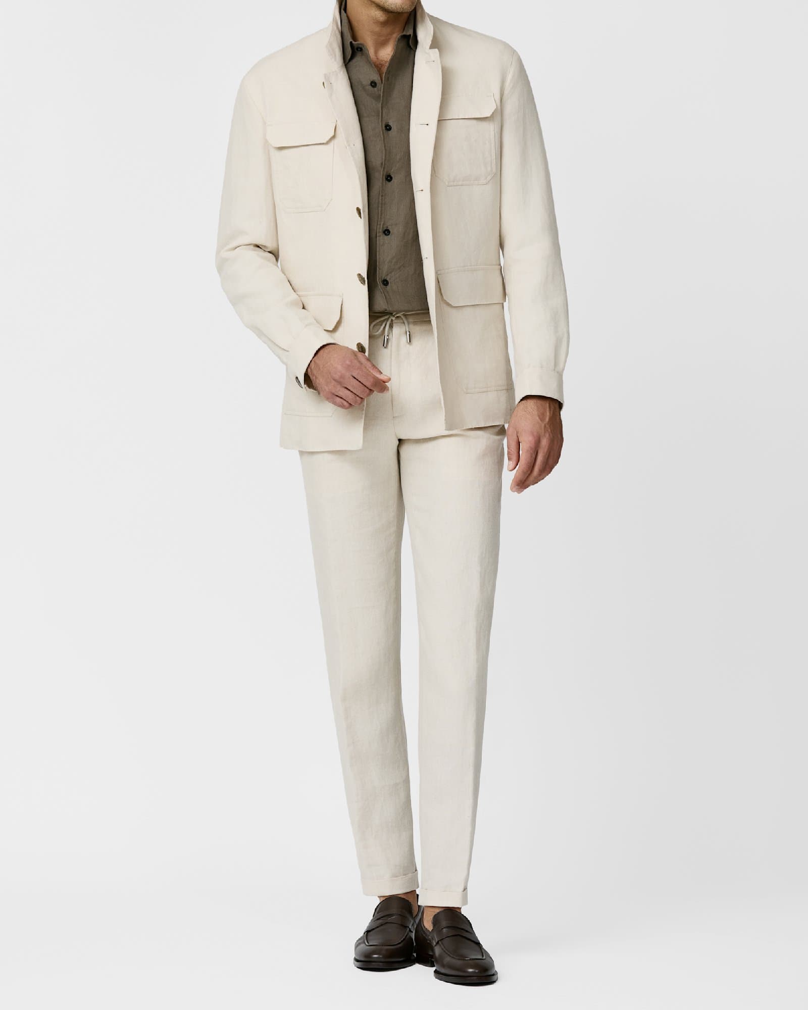 Cream Linen Safari Jacket with Olive Shirt — image 1