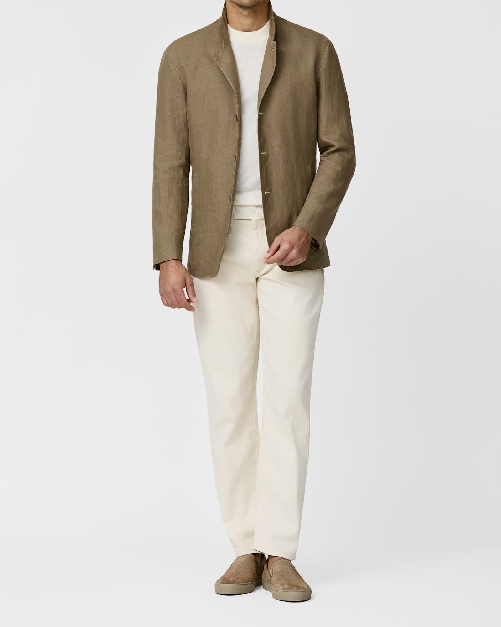 Olive Linen Blazer with Cream Jeans — image 1
