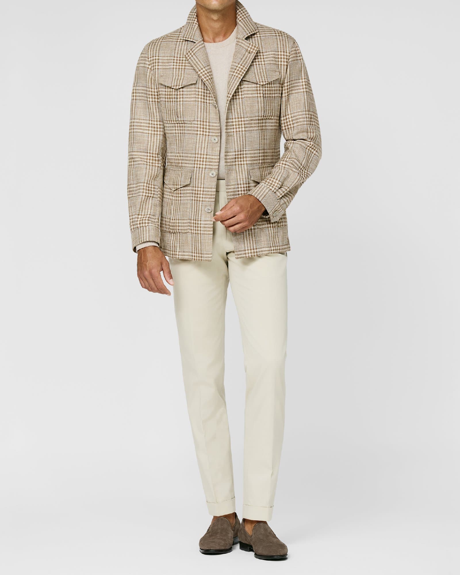 Tan Glen Check Overshirt with Cream Trousers — image 1